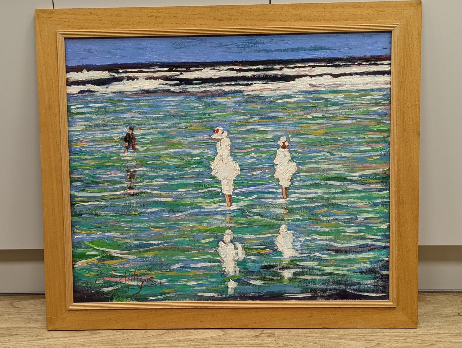 E. Schitigue, oil on canvas, Figures on the shore, signed, 62 x 75cm - Image 2 of 4