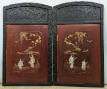 A pair Japanese bone and mother of pearl overlaid red lacquer panels, each 72 x 42.5 cm