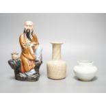 A Chinese porcelain figure, a crackleware jar and a monochrome water pot 20cm