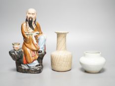 A Chinese porcelain figure, a crackleware jar and a monochrome water pot 20cm