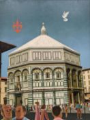 Margaret Ingram (1930-), oil on board, Ronald Miller and Robert Erich Wolf in front of The Baptistry