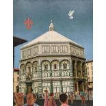 Margaret Ingram (1930-), oil on board, Ronald Miller and Robert Erich Wolf in front of The Baptistry