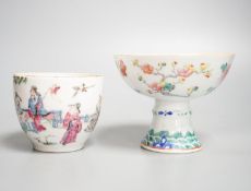 A 19th century Chinese famille stem cup, 9.5cm high and a similar jar (lacking cover), 7.5 cm high