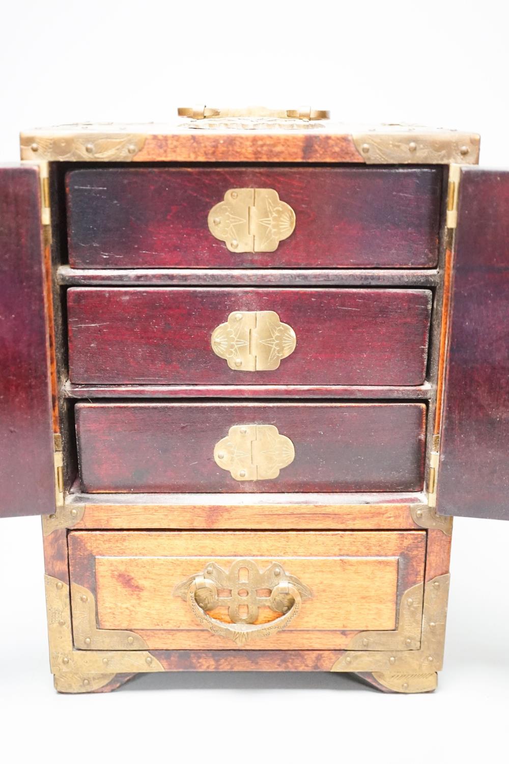 A Chinese brass-mounted table cabinet, height 22cm and a similar jewellery box - Image 8 of 10