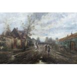 French School, early 20th century, oil on canvas, Figures on a country lane, indistinctly signed, 46