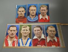 Seven original gouache illustrations of footballers c.1936 for Godfrey Phillips cigarette cards,