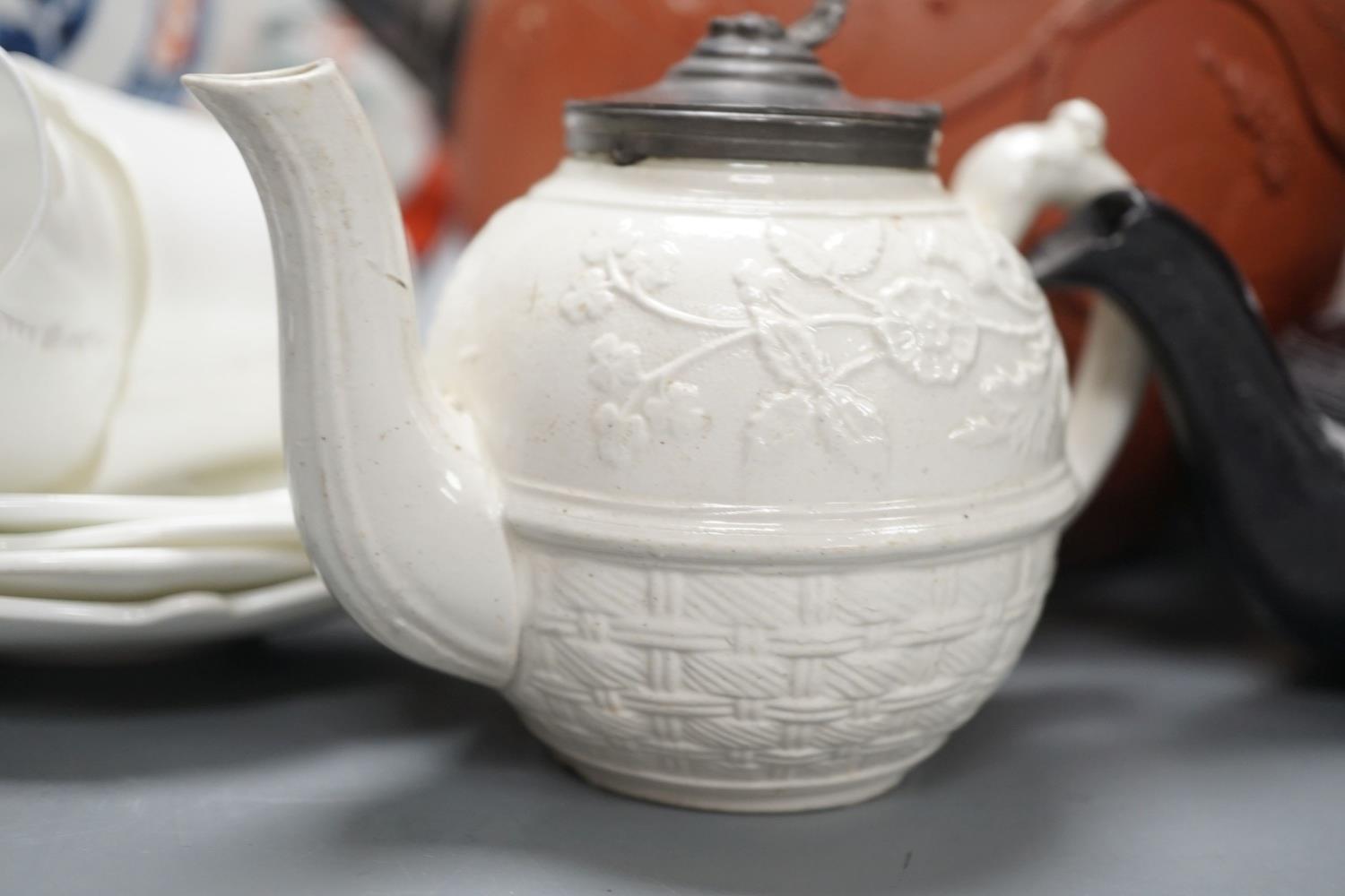 Four 19th century black basalt or black glazed pottery teapots, a large red ware teapot, a creamware - Image 2 of 12