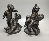 After Clodion, a pair of early 20th century bronze groups of putto, tallest 25cm