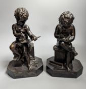 A pair of late 19th century bronze figures of seated putto plotting and writing notes, 26cm