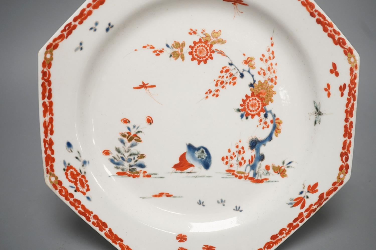 A good Bow octagonal plate painted in kakiemon style with the Two Quail bowl pattern c. 1755-58, - Image 2 of 3