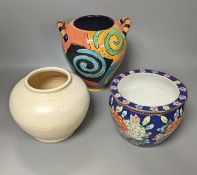 A cream glazed stoneware vase, initialled NKV, 15cm, a Jane Willingale Loudware vase, and a small