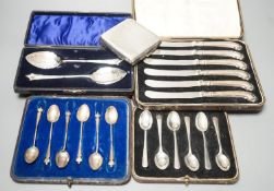 Four cased sets of cutlery including silver teaspoons and pair of silver preserve spoons and a