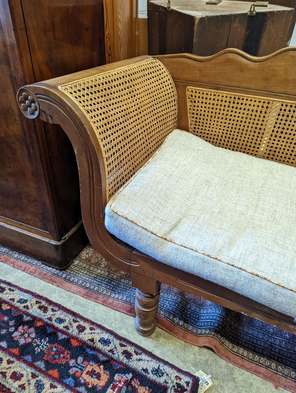 A Colonial caned teak settee with loose cushion seat, length 214cm, depth 62cm, height 95cm - Image 2 of 6