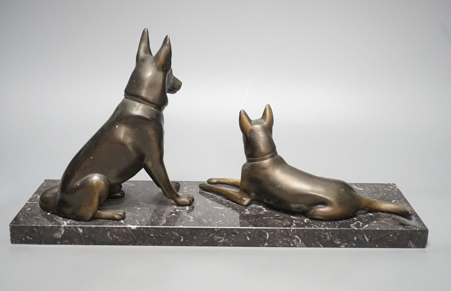 An Art Deco patinated spelter German Shepherd group, 40cm - Image 4 of 4