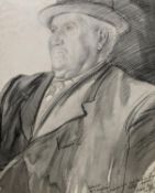 Innes Meo - crayon, wash and panel, portrait of Mr Mullins drawn in The Cricketers Inn, Steep,