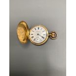 An early 20th century engraved 18k Waltham hunter fob watch, case diameter 34mm, gross weight, 34.