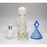 An American novelty dog decanter, silver topped perfume bottle, blue perfume bottle and three