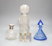 An American novelty dog decanter, silver topped perfume bottle, blue perfume bottle and three