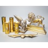 A brass ‘bat’ pin tray, two lion figures and sundry metalware, lion door stop 20 cms height x 25 cms