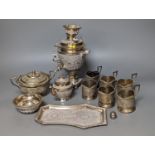 A set of six Persian embossed 84 standard white metal coffee cup holders and matching sugar bowl and