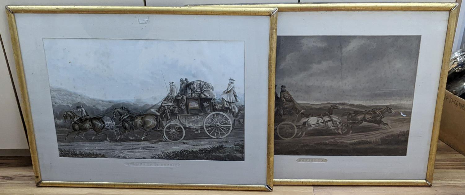 19th century English School, pair of coloured aquatints, Coaching scenes: 'Pulling up to un-skid'