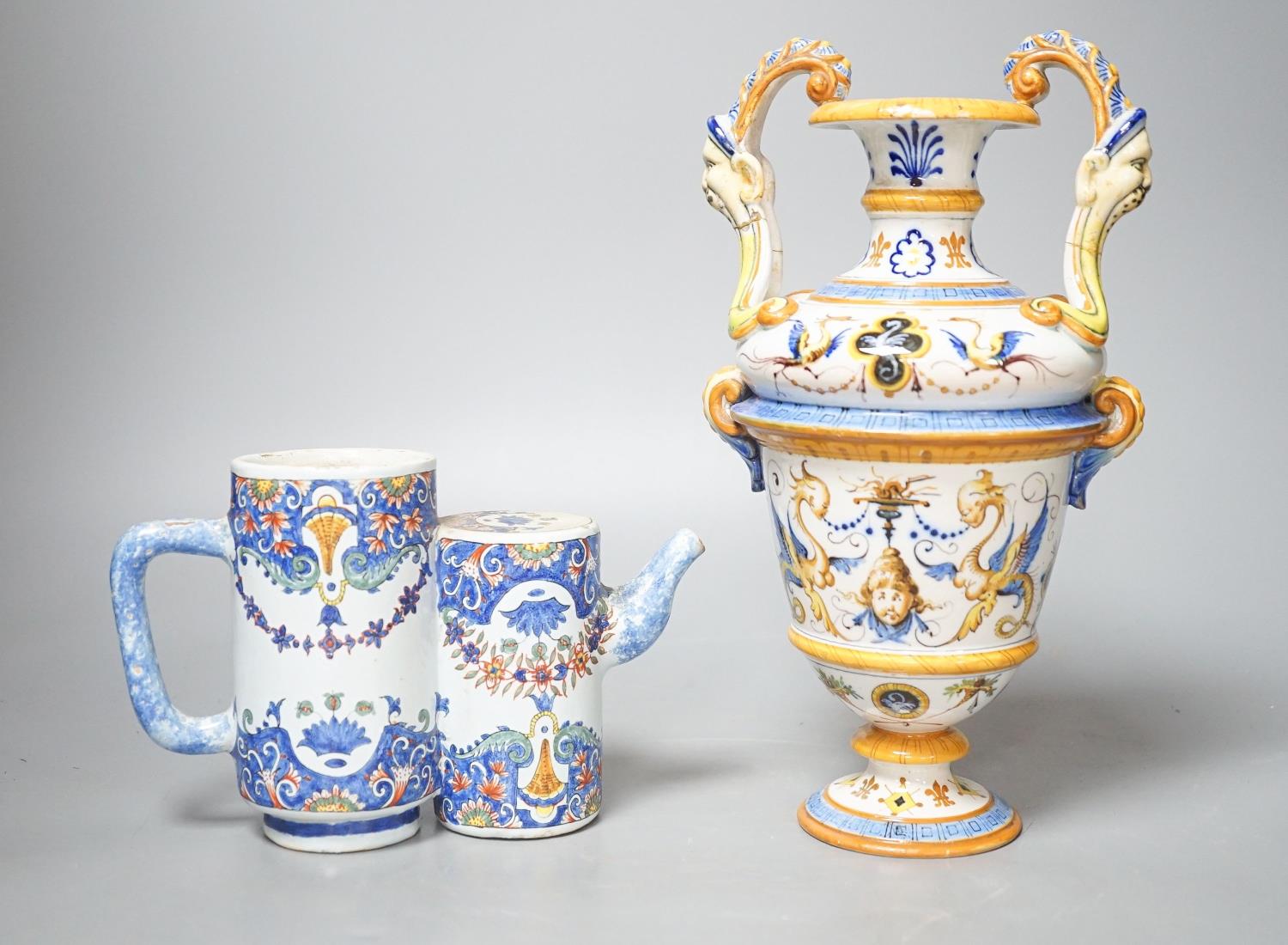 A Ginori maiolica two handled vase and Delft polychrome double cylinder teapot 27cm