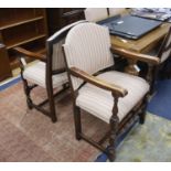 A set of eight 18th century style upholstered oak dining chairs, two with arms