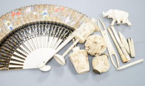 A group of mixed Ivory pieces including a concentric ball and stand, 19th/early 20th century80-120