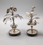 Tw South American? white metal toothpick holders?, modelled as a floral displays with circular