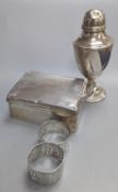 A silver cigarette case, four silver napkin rings, a cased part German 835 standard mirror and brush