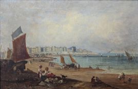 19th century English School, oil on canvas, View along Brighton seafront with the Chain Pier, 49 x