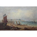 19th century English School, oil on canvas, View along Brighton seafront with the Chain Pier, 49 x