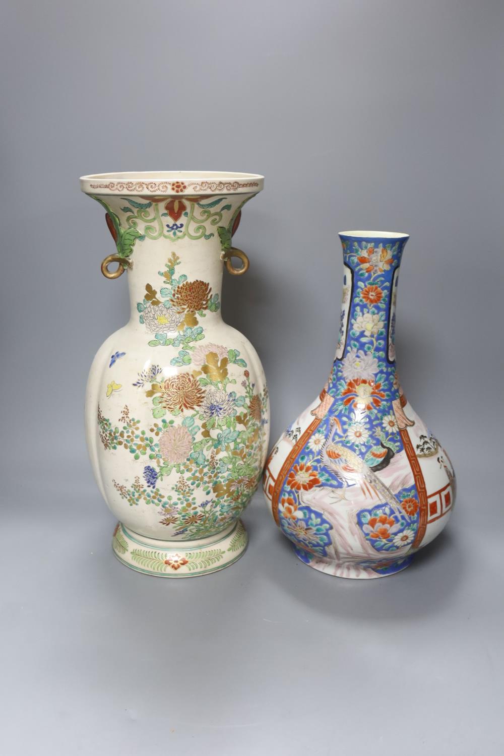 A Japanese porcelain bottle vase and a large Satsuma pottery vase (restoration) 39cm (2) - Image 4 of 4