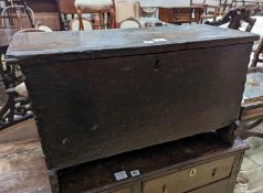 A small 17th century oak six plank coffer, length 77cm, depth 33cm, height 45cm