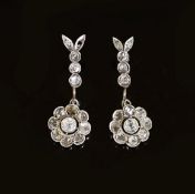 A pair of antique gold, silver old round and rose cut diamond cluster set drop earrings,with rose