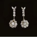 A pair of antique gold, silver old round and rose cut diamond cluster set drop earrings,with rose