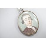 Late 18th century English School, oil on ivory, Miniature portrait of a gentleman in a brown coat