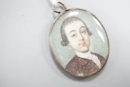 Late 18th century English School, oil on ivory, Miniature portrait of a gentleman in a brown coat