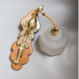 A set of 4 Art Nouveau brass wall lights (one lacks glass shade) Approximately 35 cm sign