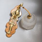 A set of 4 Art Nouveau brass wall lights (one lacks glass shade) Approximately 35 cm sign