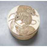 A Japanese Meiji period carved Ivory box and cover, decorated with three rats, signed, 6.5cm