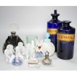 A pair of blue glass drug jars and a novelty glass dog inkwell etc, tallest 24 cms high