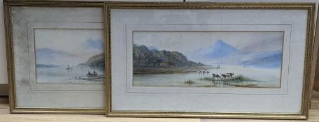 Edwin Earp (1851-1945), pair of watercolours, Lake scenes with cattle watering and anglers,