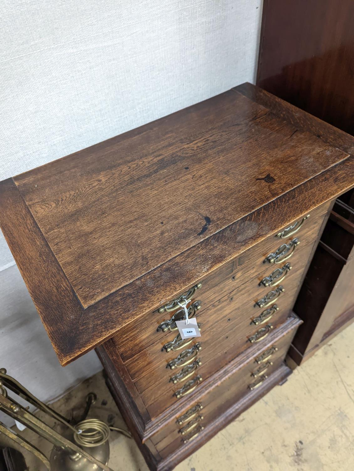 A small early 20th century oak tall chest, fitted ten drawers, width 60cm, depth 37cm, height 111cm - Image 2 of 3