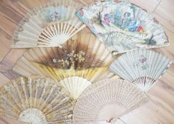 Five various fans, and an 18th century painted leaf fan with ivory chinoiserie decorated guards