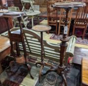 A George I style yew and walnut tripod candlestand, height 97cm, together with one other and a