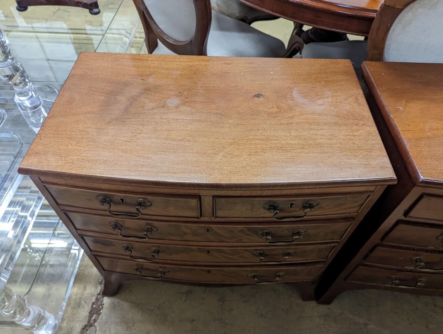 A pair of reproduction George III style bow fronted mahogany bedside chests, width 66cm, depth 39cm, - Image 2 of 4