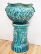 A Bretby turquoise-glazed jardiniere on pedestal 74cm