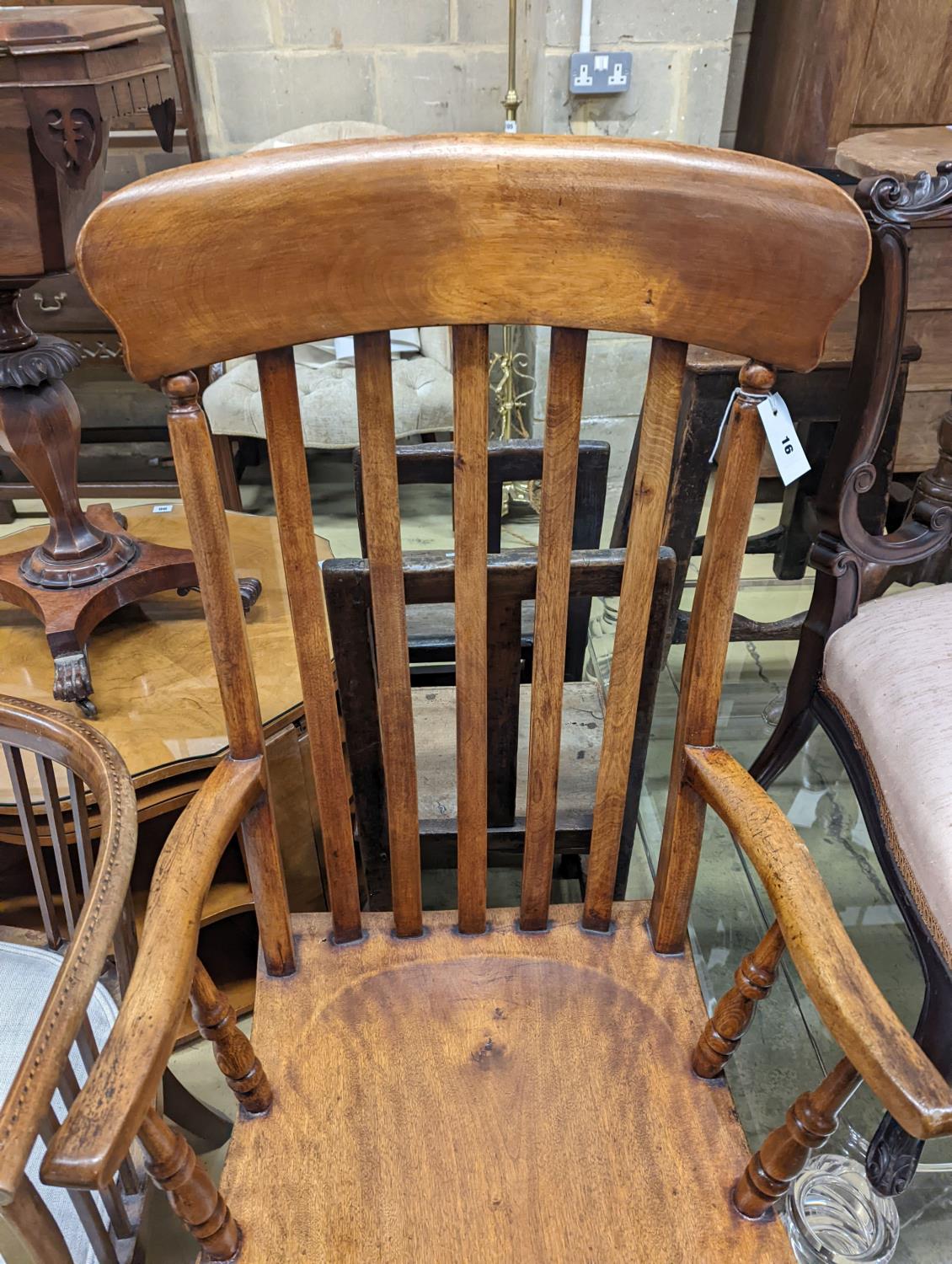 A Victorian elm and beech Windsor lathe back armchair, width 57cm, depth 45cm, height 118cm - Image 2 of 3