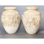 A pair of 19th century earthenware vases moulded in Italian renaissance style 30cm